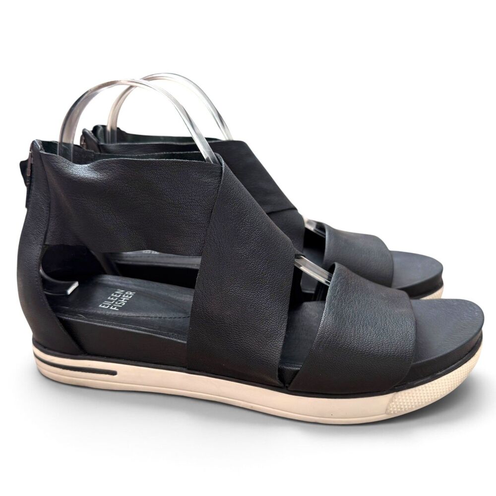 eileen fisher black leather gladiator sneaker sandals size 10 zip sporty comfort